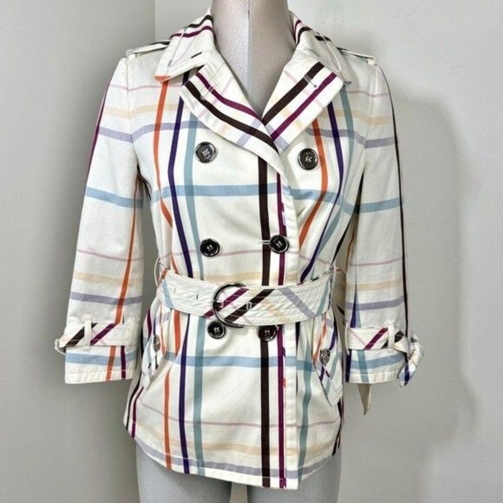 Coach Tattersall Short Trench Coat Multicolor Size 2 (Small) Ivory, blue Plaid